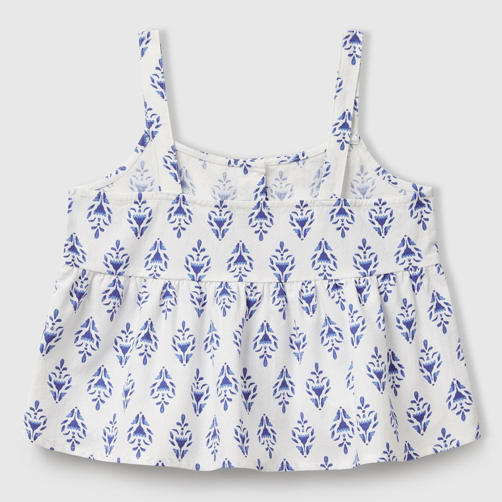 Kız Çocuk Mavi Desenli Pile Detaylı Önü Düğmeli Askılı Üst