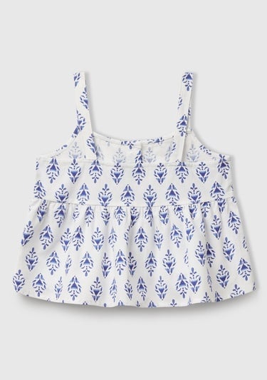  Kız Çocuk Mavi Desenli Pile Detaylı Önü Düğmeli Askılı Üst