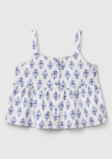  Kız Çocuk Mavi Desenli Pile Detaylı Önü Düğmeli Askılı Üst