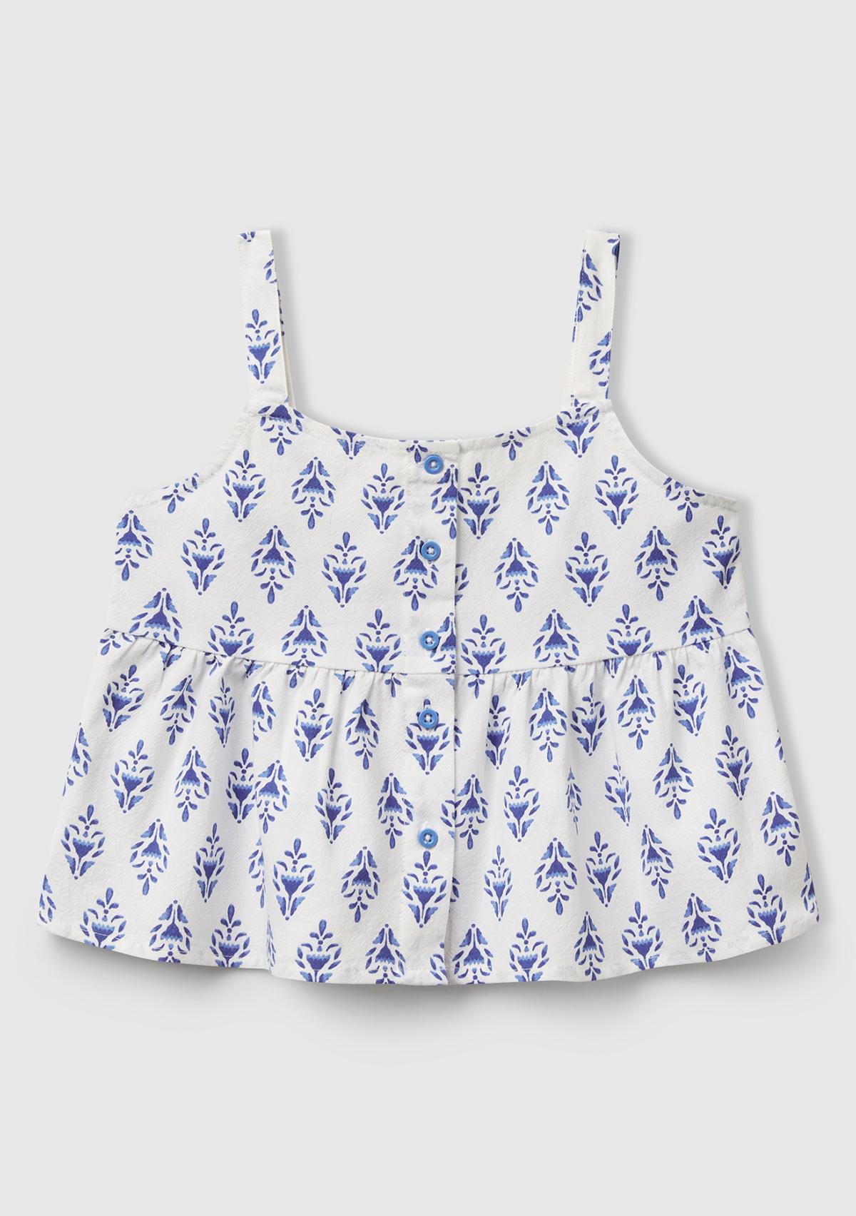  Kız Çocuk Mavi Desenli Pile Detaylı Önü Düğmeli Askılı Üst