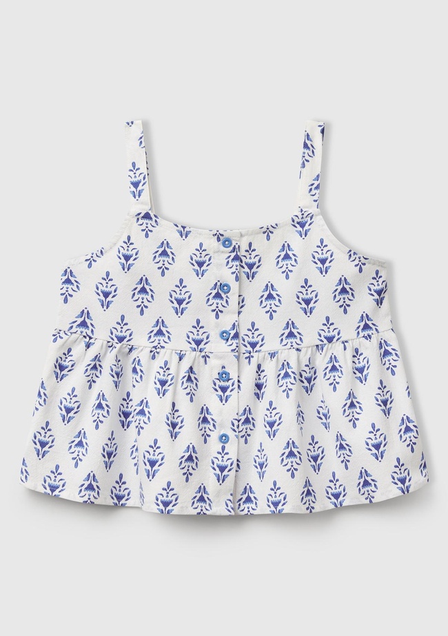  Kız Çocuk Mavi Desenli Pile Detaylı Önü Düğmeli Askılı Üst