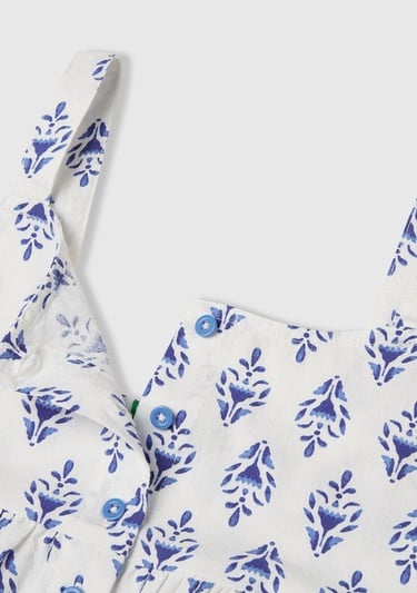  Kız Çocuk Mavi Desenli Pile Detaylı Önü Düğmeli Askılı Üst