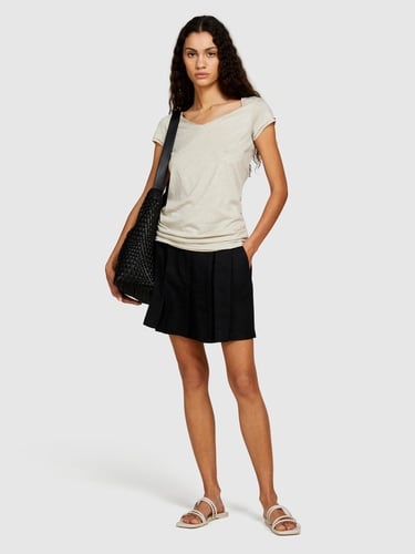  Kadın Bej Pamuk Modal Karışımlı V Yaka T-Shirt