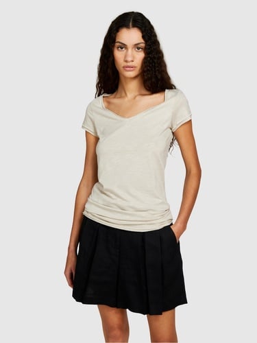  Kadın Bej Pamuk Modal Karışımlı V Yaka T-Shirt