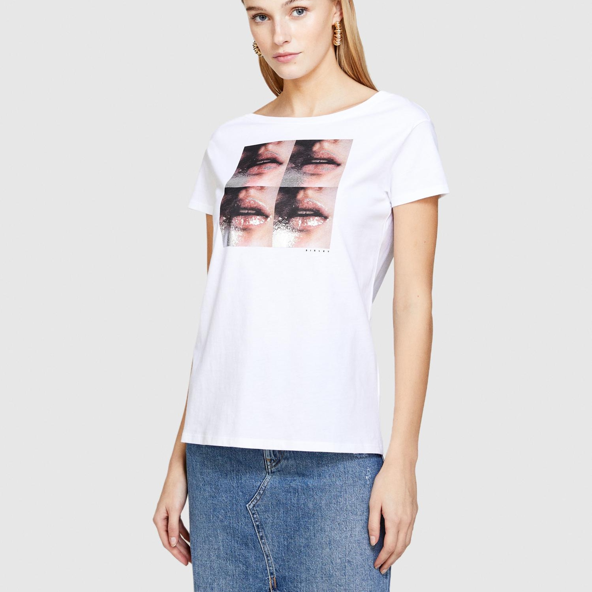 Kadın Beyaz %100 Pamuk Fotoğraf Baskılı Geniş Yaka T-Shirt