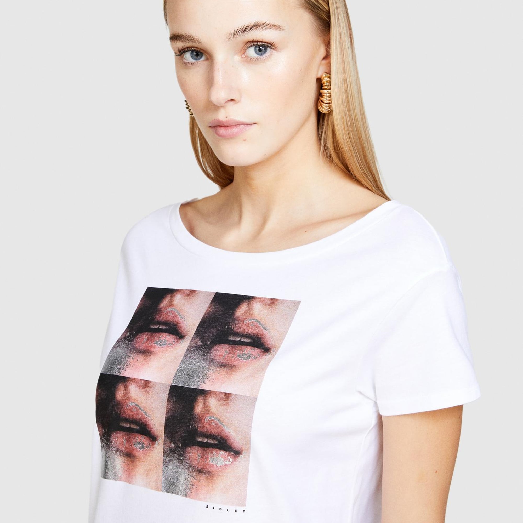 Kadın Beyaz %100 Pamuk Fotoğraf Baskılı Geniş Yaka T-Shirt