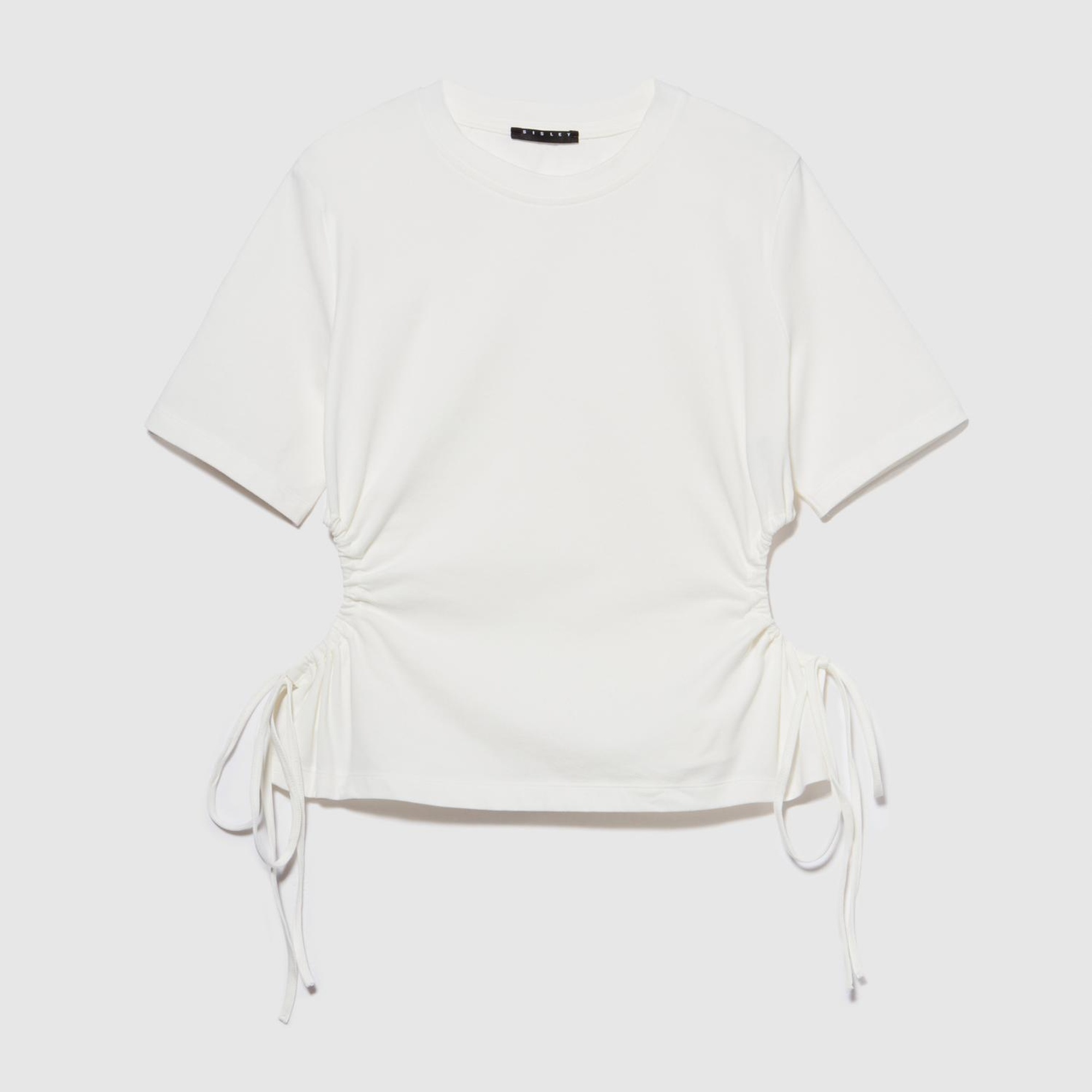 Kadın Beyaz Streç Pamuklu Yanları Büzgülü Bisiklet Yaka T-Shirt