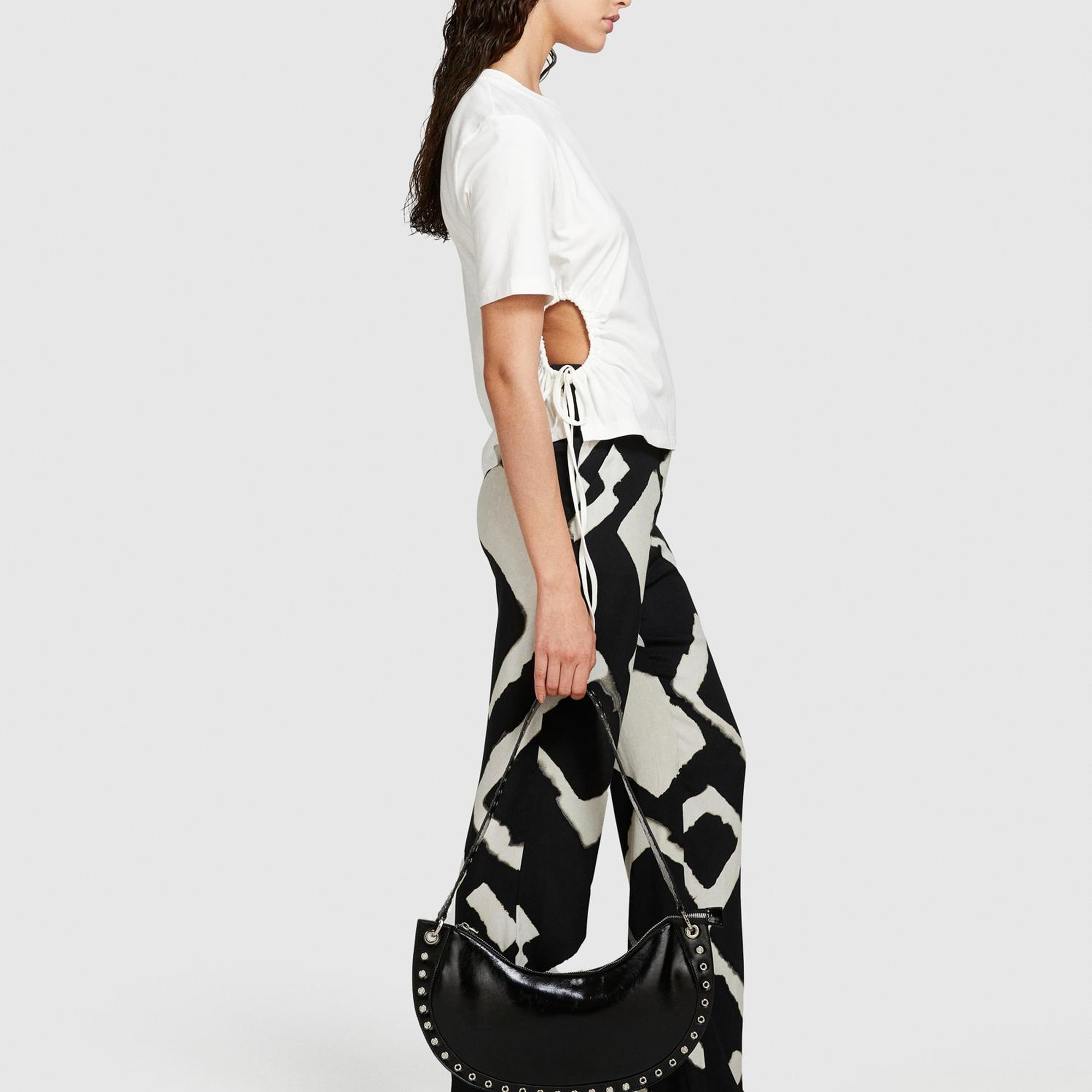 Kadın Beyaz Streç Pamuklu Yanları Büzgülü Bisiklet Yaka T-Shirt