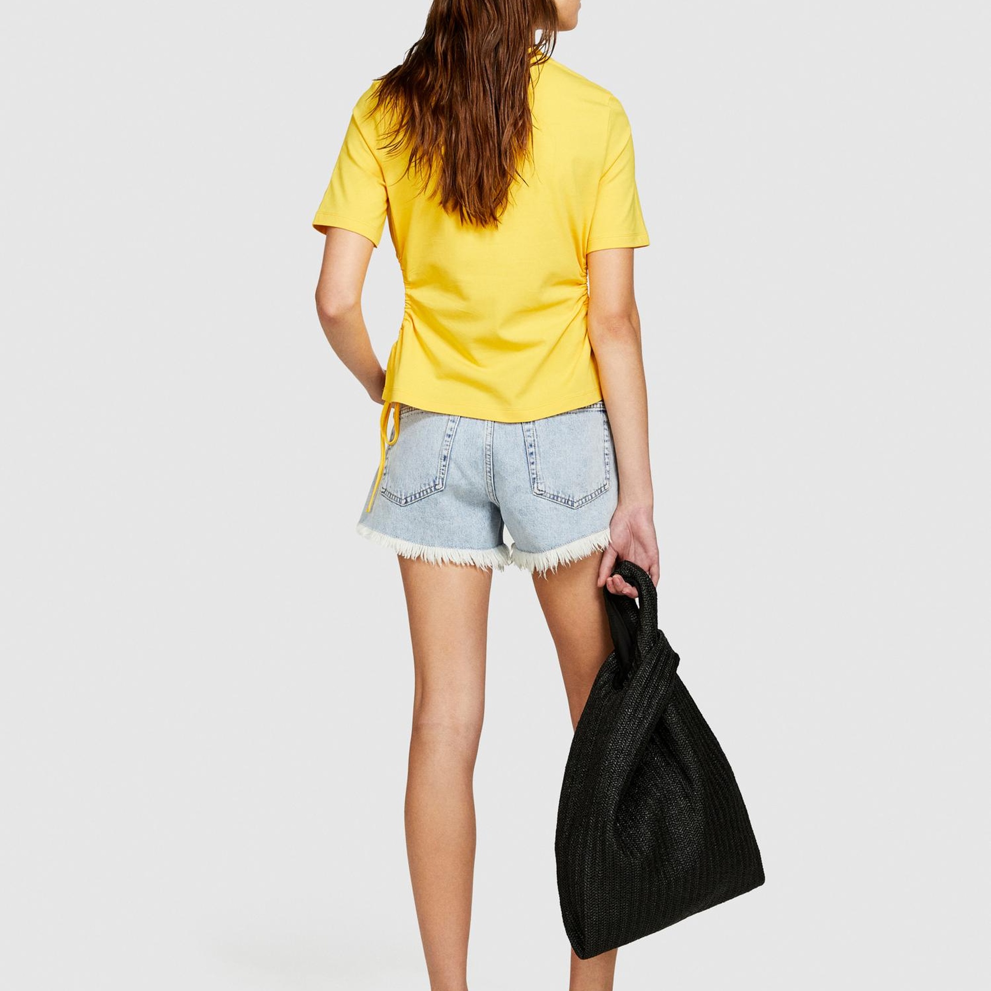 Kadın Sarı Streç Pamuklu Yanları Büzgülü Bisiklet Yaka T-Shirt