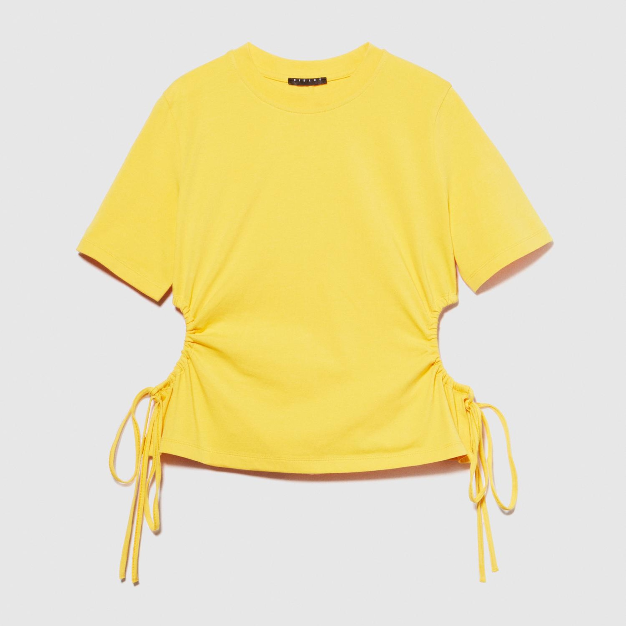 Kadın Sarı Streç Pamuklu Yanları Büzgülü Bisiklet Yaka T-Shirt