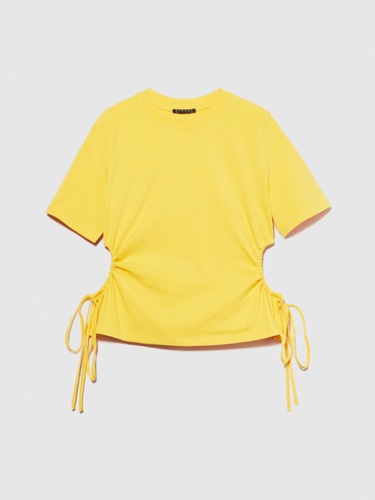  Kadın Sarı Streç Pamuklu Yanları Büzgülü Bisiklet Yaka T-Shirt