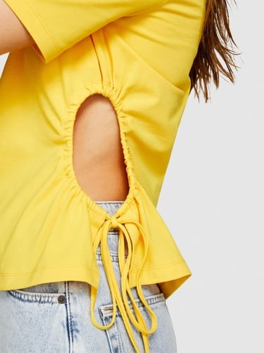  Kadın Sarı Streç Pamuklu Yanları Büzgülü Bisiklet Yaka T-Shirt