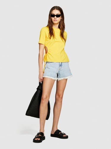  Kadın Sarı Streç Pamuklu Yanları Büzgülü Bisiklet Yaka T-Shirt