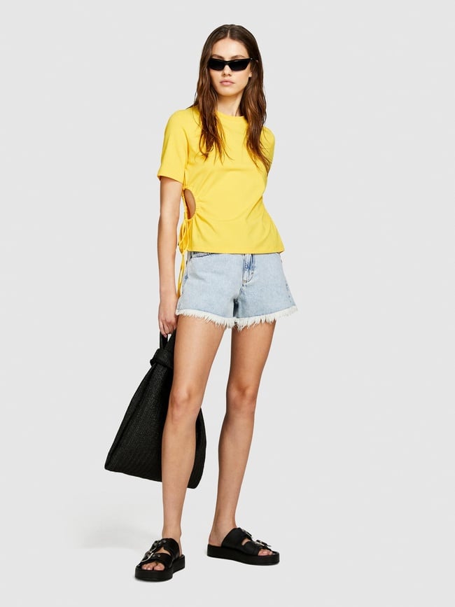  Kadın Sarı Streç Pamuklu Yanları Büzgülü Bisiklet Yaka T-Shirt