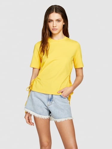  Kadın Sarı Streç Pamuklu Yanları Büzgülü Bisiklet Yaka T-Shirt