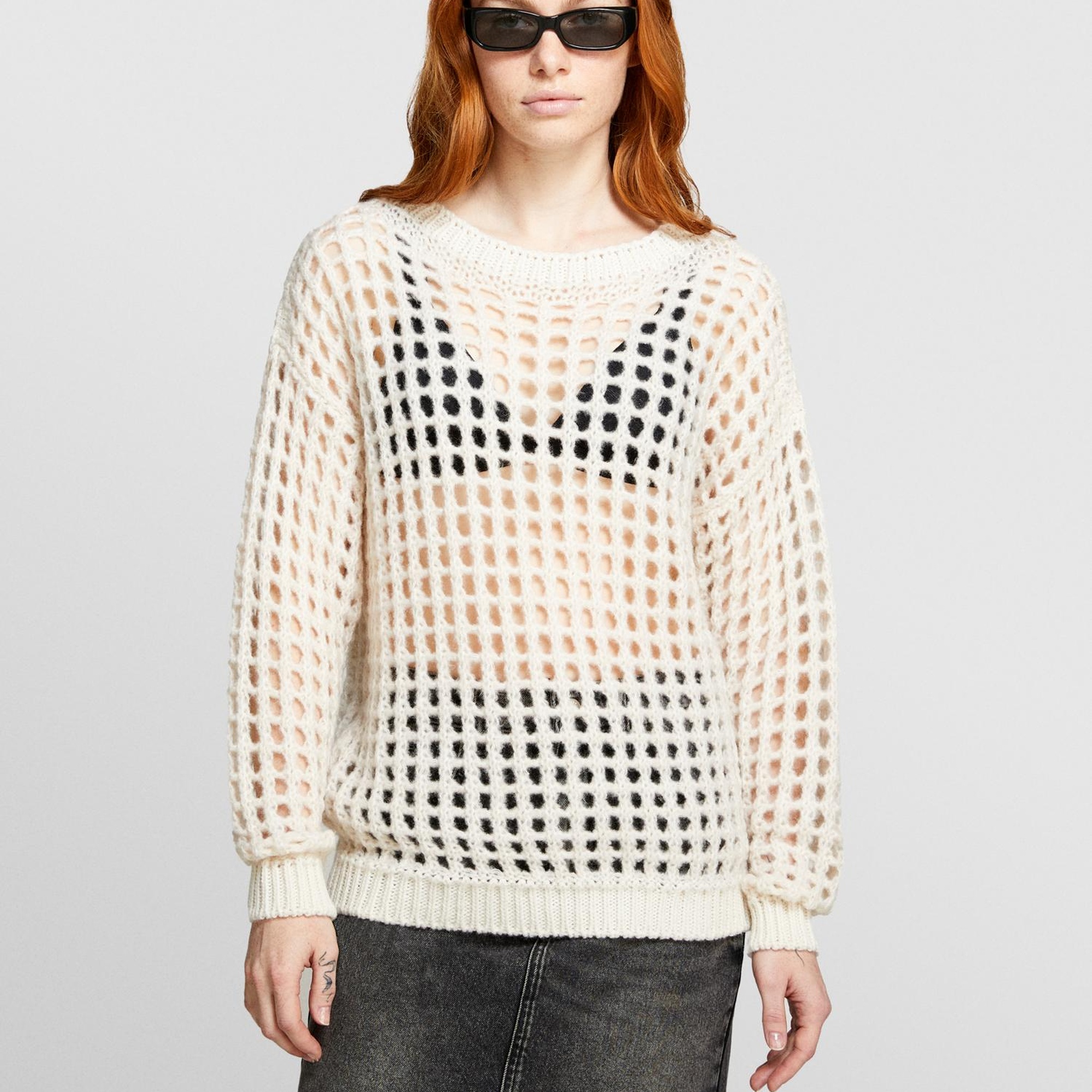 Kadın Açık Bej Yün Karışımlı Delik Detaylı Oversize Kazak