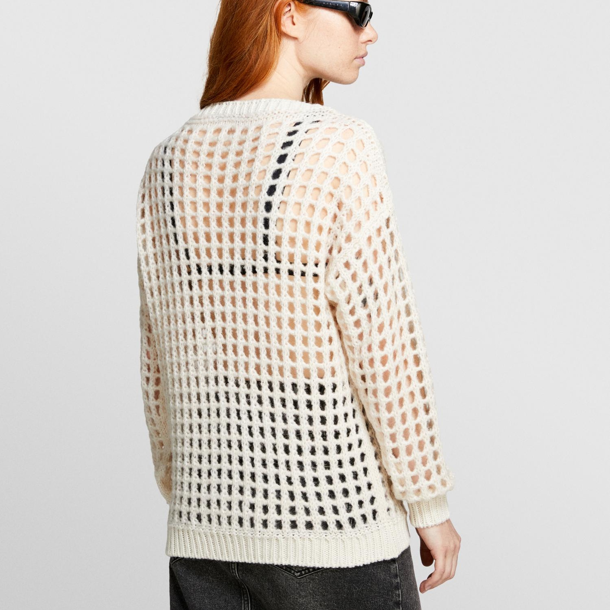 Kadın Açık Bej Yün Karışımlı Delik Detaylı Oversize Kazak