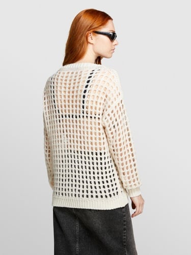  Kadın Açık Bej Yün Karışımlı Delik Detaylı Oversize Kazak