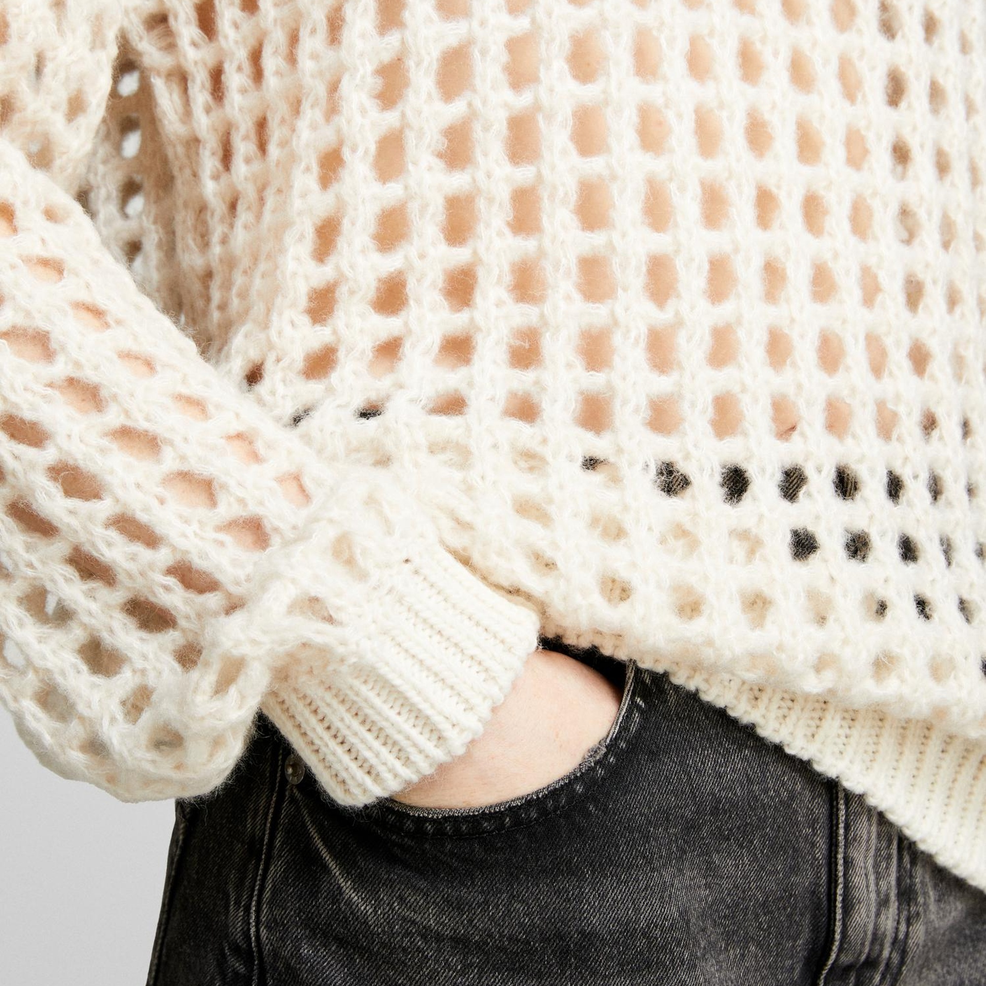 Kadın Açık Bej Yün Karışımlı Delik Detaylı Oversize Kazak