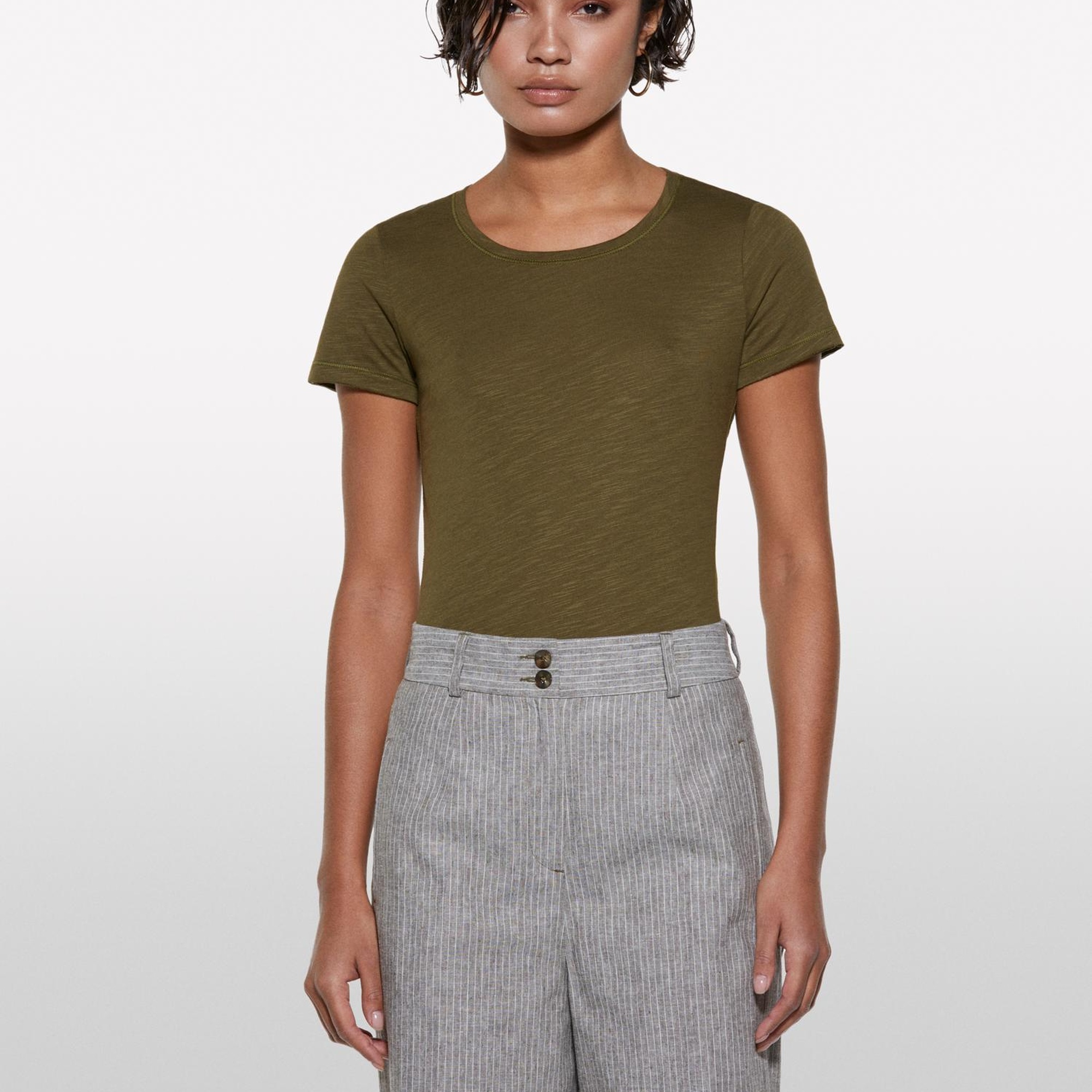 Kadın Koyu Haki Pamuk Modal Karışımlı Bisiklet Yaka T-Shirt