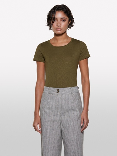  Kadın Koyu Haki Pamuk Modal Karışımlı Bisiklet Yaka T-Shirt