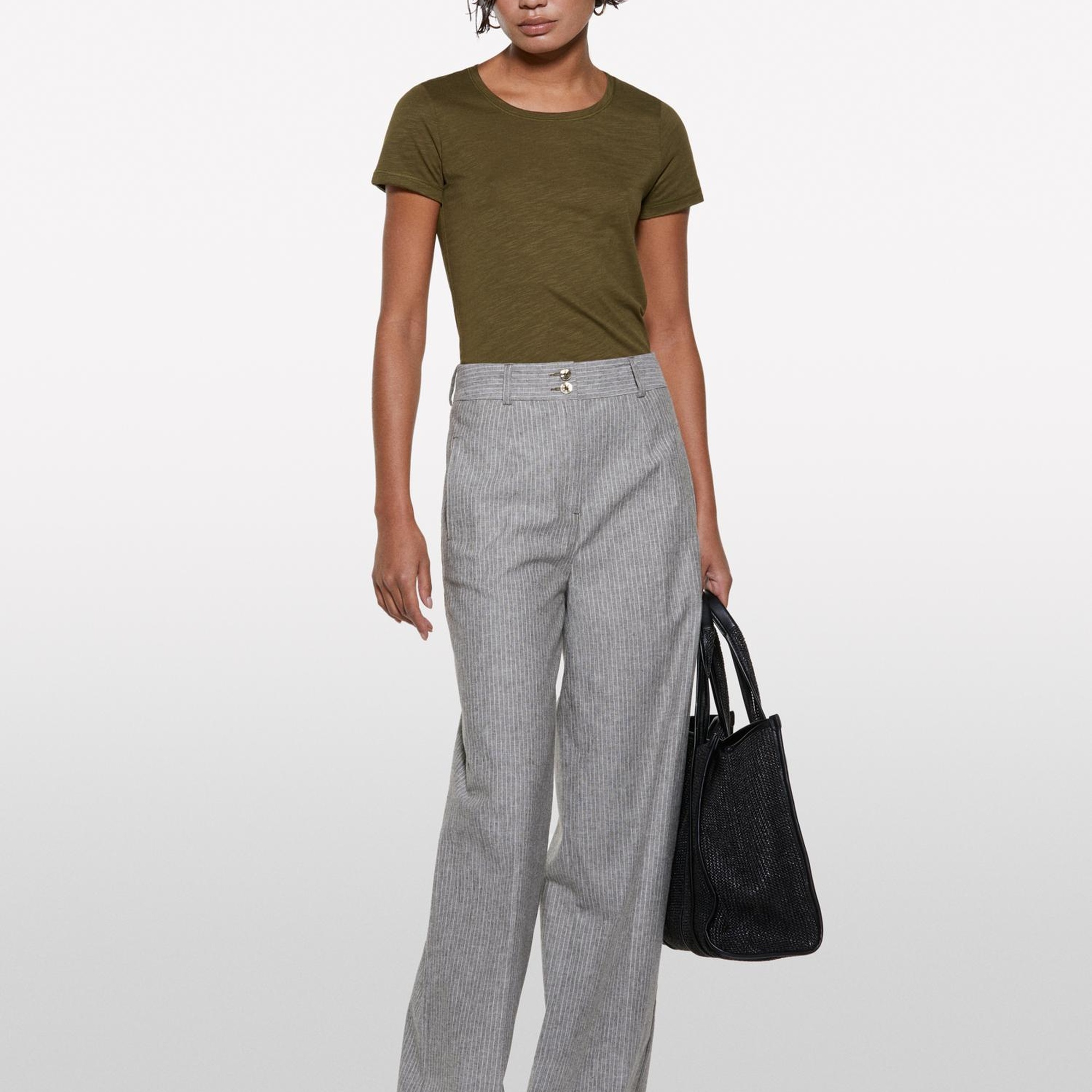 Kadın Koyu Haki Pamuk Modal Karışımlı Bisiklet Yaka T-Shirt