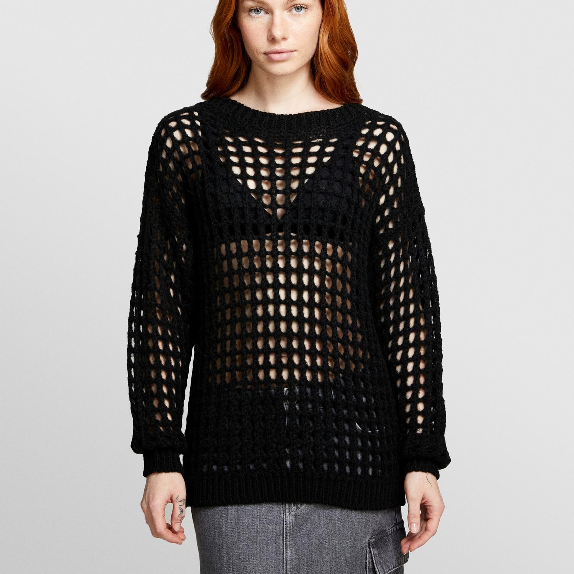 Kadın Siyah Yün Karışımlı Delik Detaylı Oversize Kazak