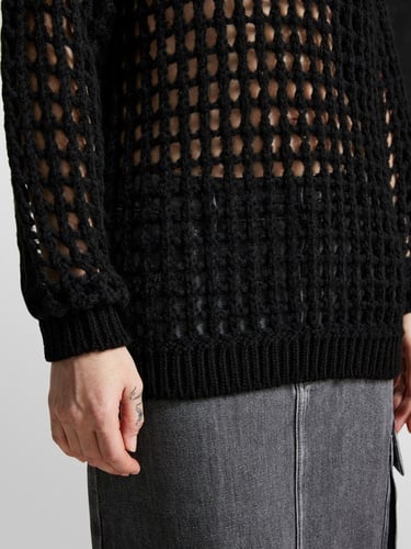  Kadın Siyah Yün Karışımlı Delik Detaylı Oversize Kazak