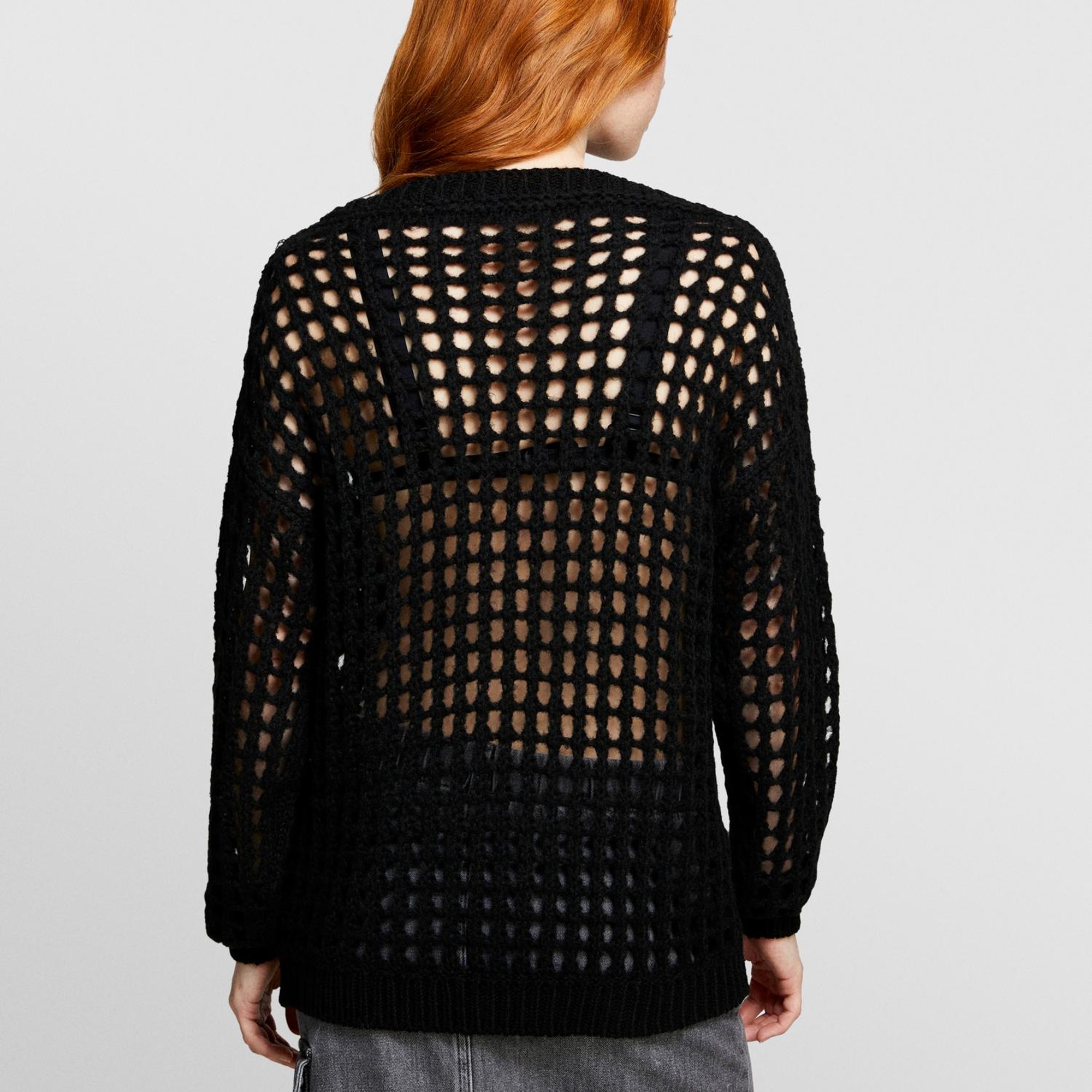 Kadın Siyah Yün Karışımlı Delik Detaylı Oversize Kazak