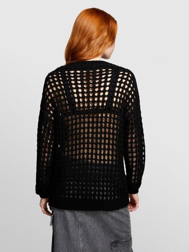  Kadın Siyah Yün Karışımlı Delik Detaylı Oversize Kazak