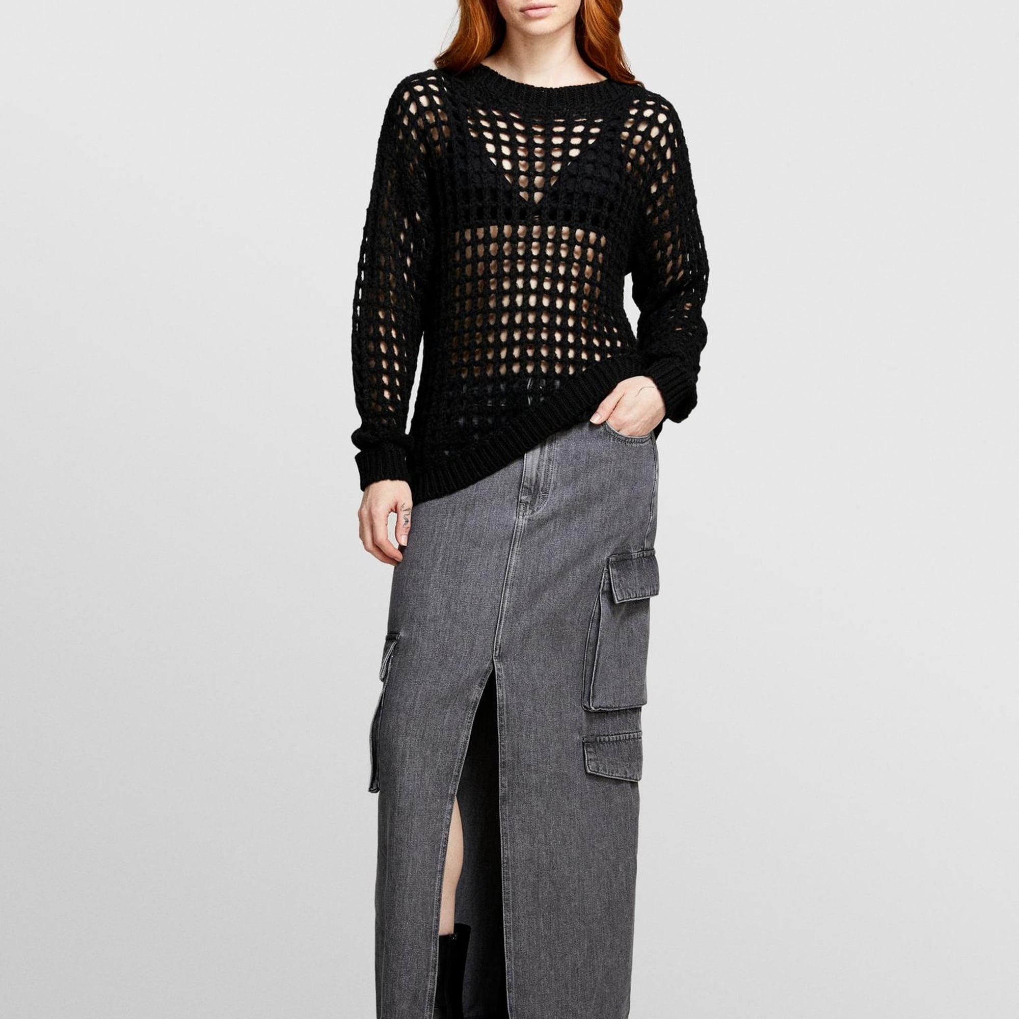 Kadın Siyah Yün Karışımlı Delik Detaylı Oversize Kazak