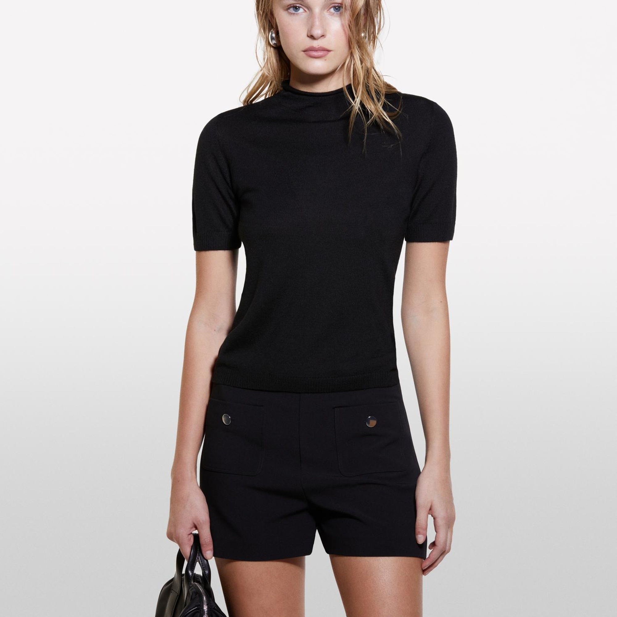 Kadın Siyah Yün Karışımlı Yarım Kollu Balıkçı Yaka Kazak