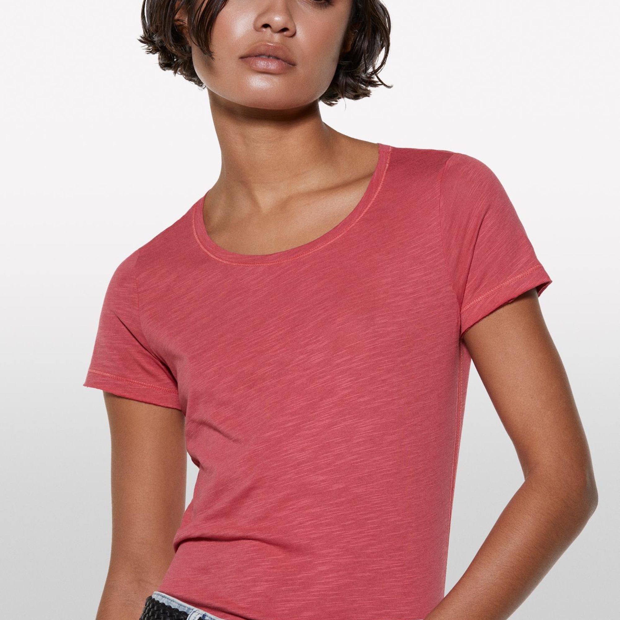 Kadın Koyu Pembe Pamuk Modal Karışımlı Bisiklet Yaka T-Shirt