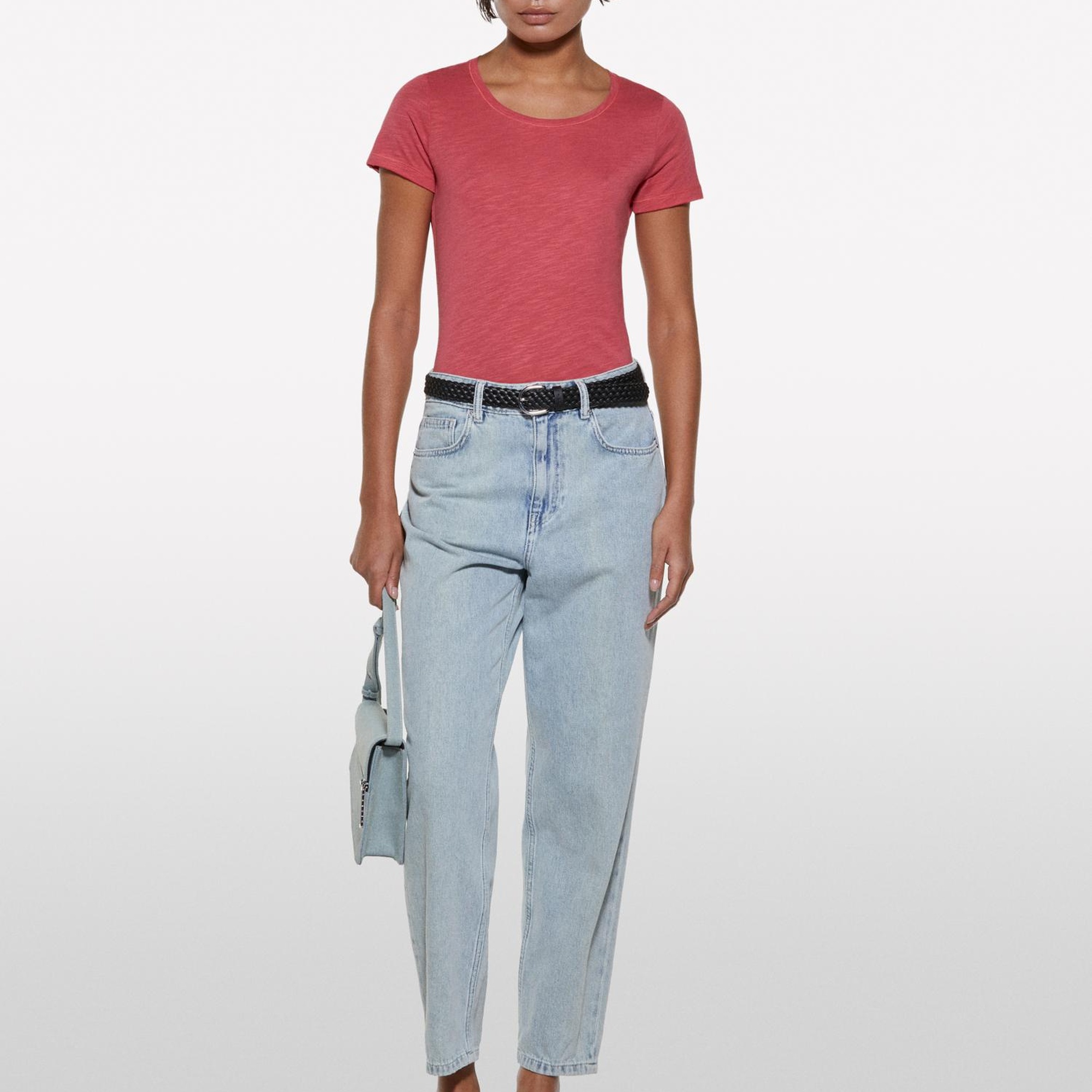 Kadın Koyu Pembe Pamuk Modal Karışımlı Bisiklet Yaka T-Shirt