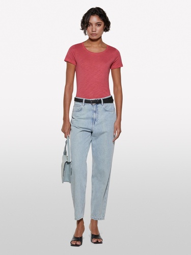  Kadın Koyu Pembe Pamuk Modal Karışımlı Bisiklet Yaka T-Shirt