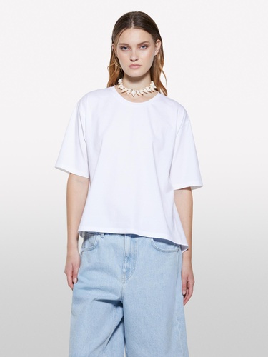  Kadın Beyaz %100 Pamuk Arkası Bağcıklı Bisiklet Yaka Regular Fit T-Shirt