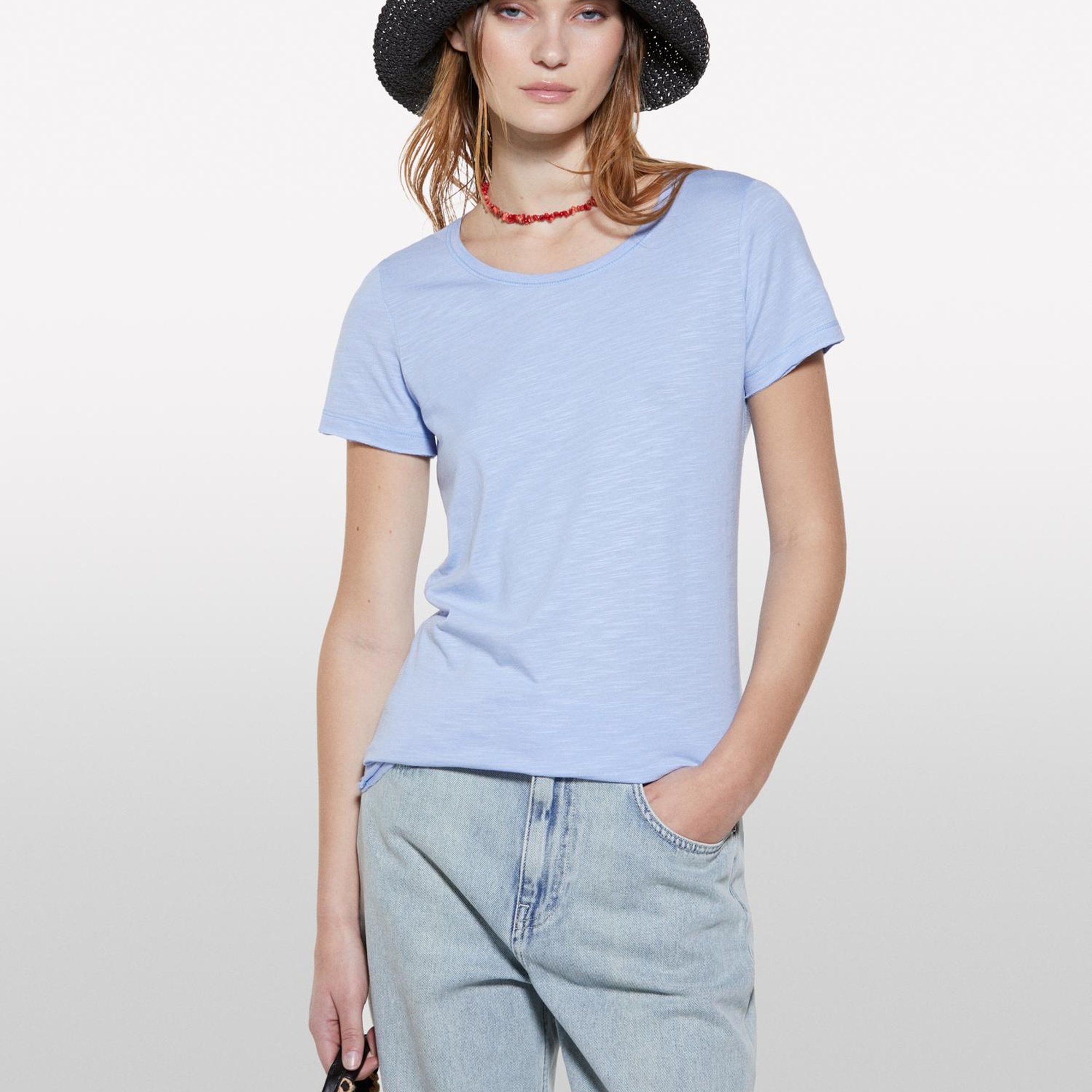 Kadın Açık Mavi Pamuk Modal Karışımlı Bisiklet Yaka T-Shirt