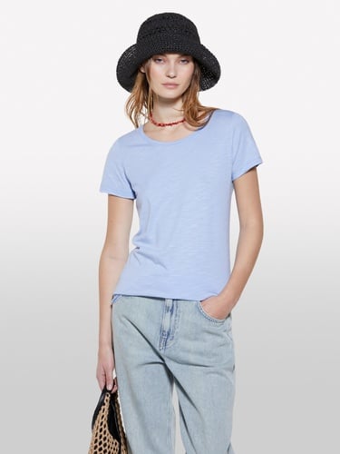  Kadın Açık Mavi Pamuk Modal Karışımlı Bisiklet Yaka T-Shirt