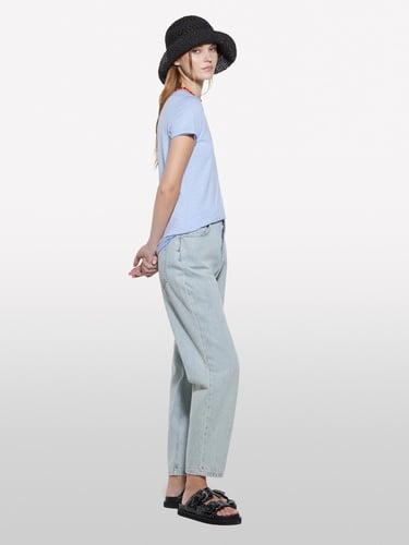  Kadın Açık Mavi Pamuk Modal Karışımlı Bisiklet Yaka T-Shirt