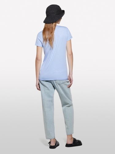  Kadın Açık Mavi Pamuk Modal Karışımlı Bisiklet Yaka T-Shirt