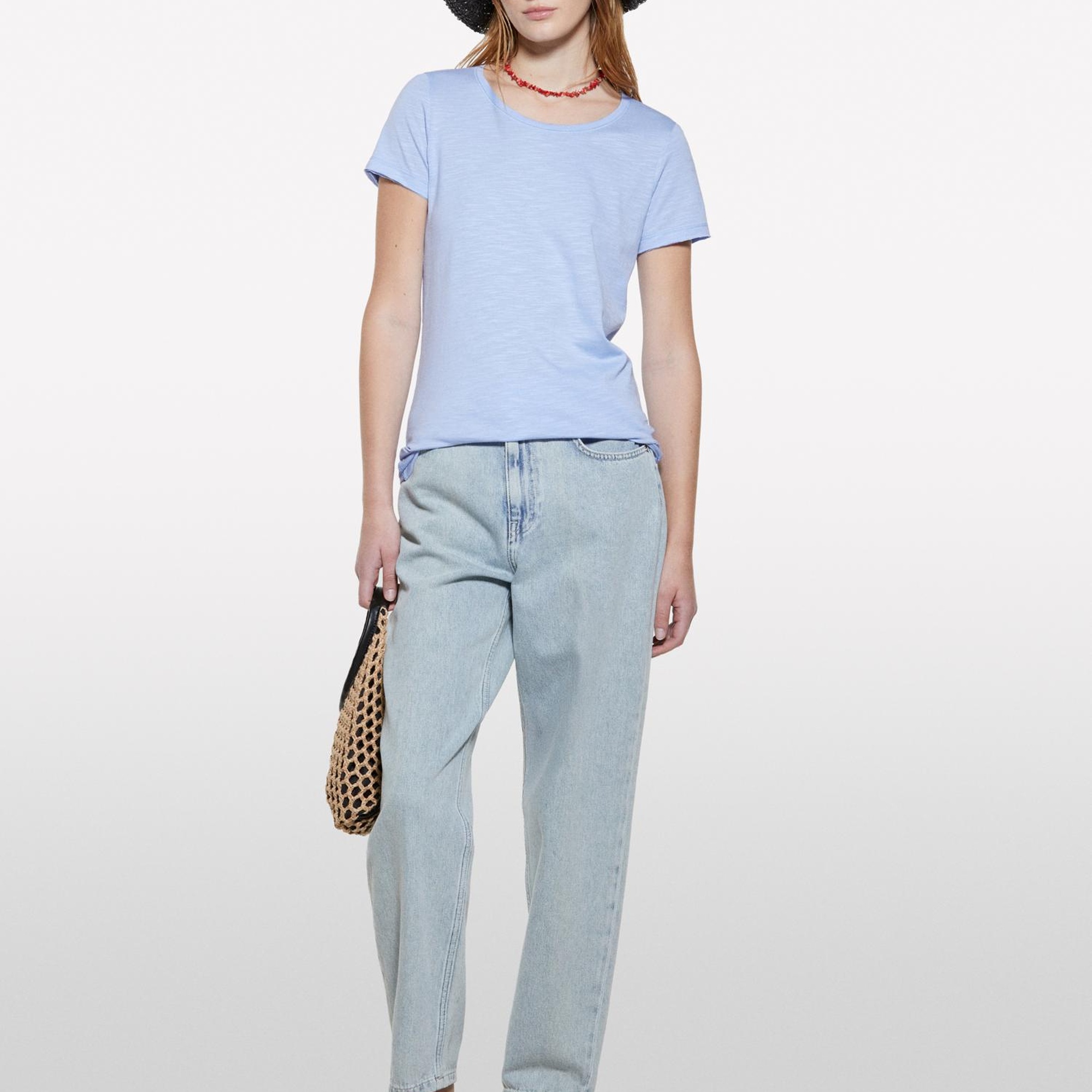 Kadın Açık Mavi Pamuk Modal Karışımlı Bisiklet Yaka T-Shirt