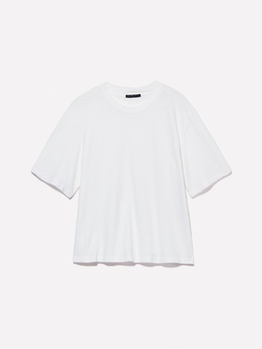  Kadın Kırık Beyaz Keten Karışımlı Bisiklet Yaka T-Shirt