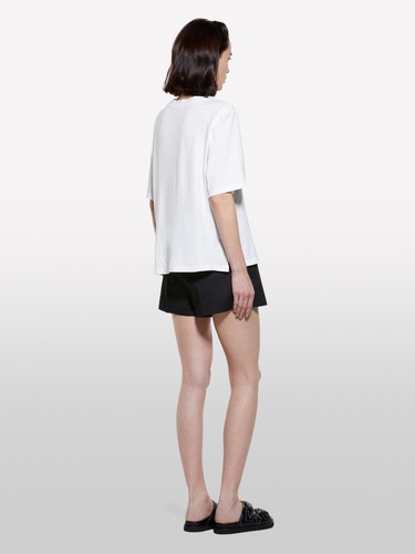  Kadın Kırık Beyaz Keten Karışımlı Bisiklet Yaka T-Shirt