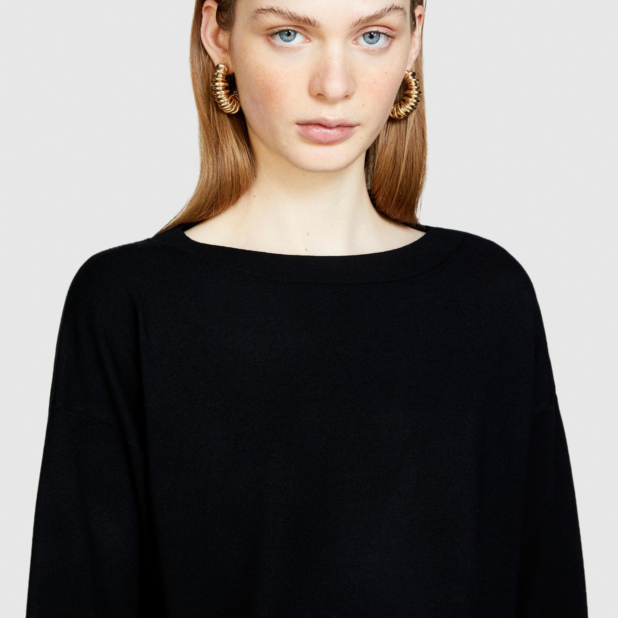 Kadın Siyah Viskoz Karışımlı Kayık Yaka Kazak