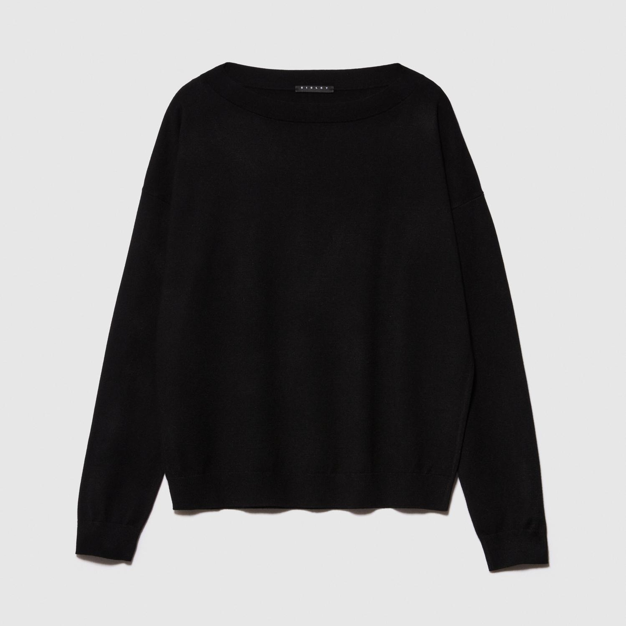 Kadın Siyah Viskoz Karışımlı Kayık Yaka Kazak