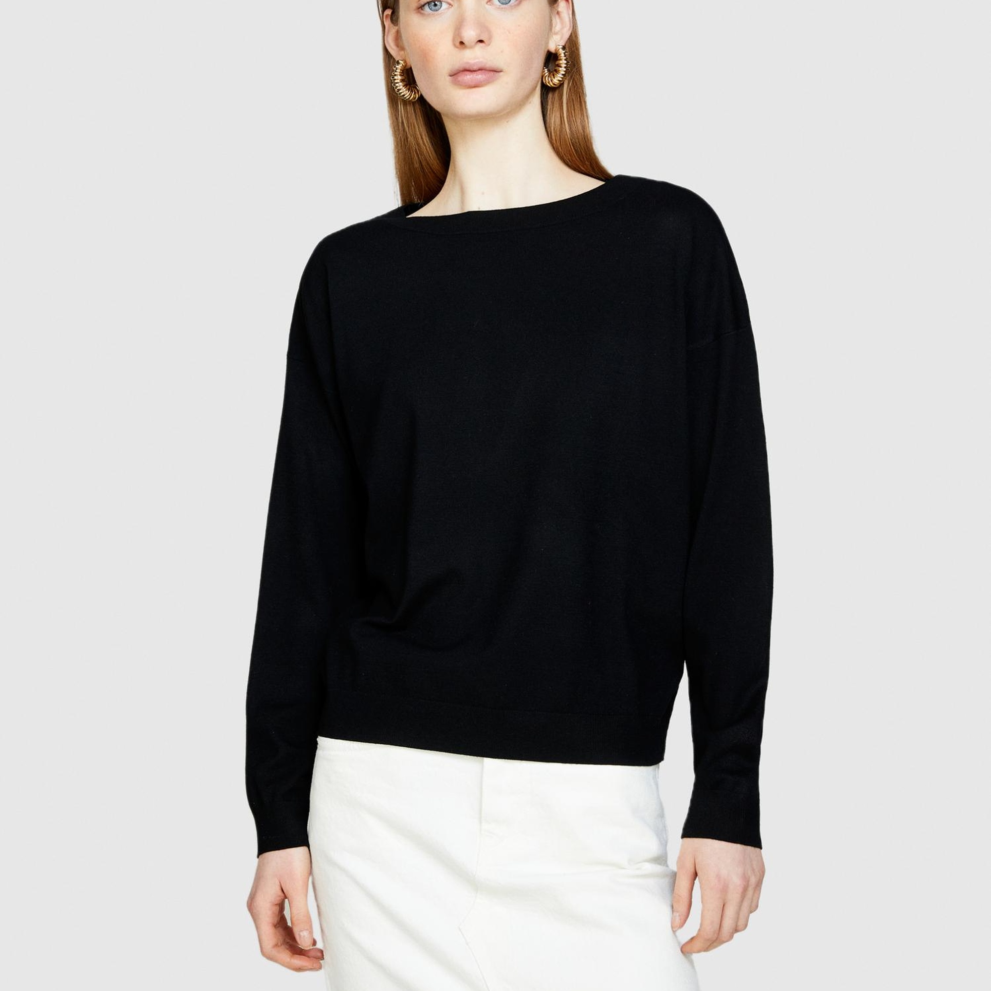 Kadın Siyah Viskoz Karışımlı Kayık Yaka Kazak