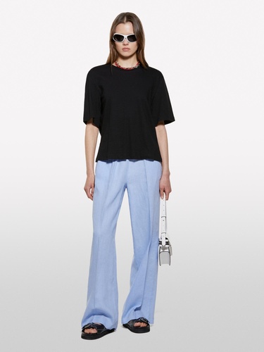  Kadın Siyah Keten Karışımlı Bisiklet Yaka T-Shirt