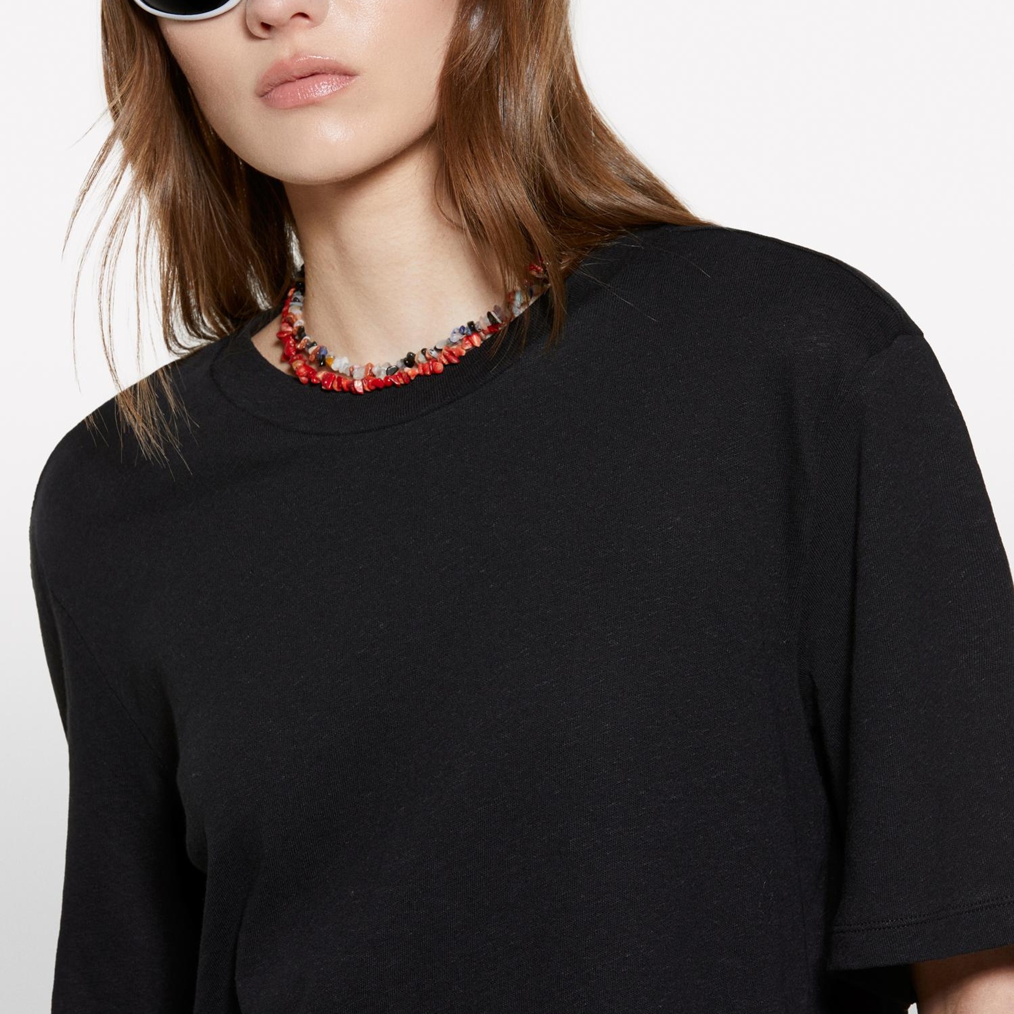 Kadın Siyah Keten Karışımlı Bisiklet Yaka T-Shirt