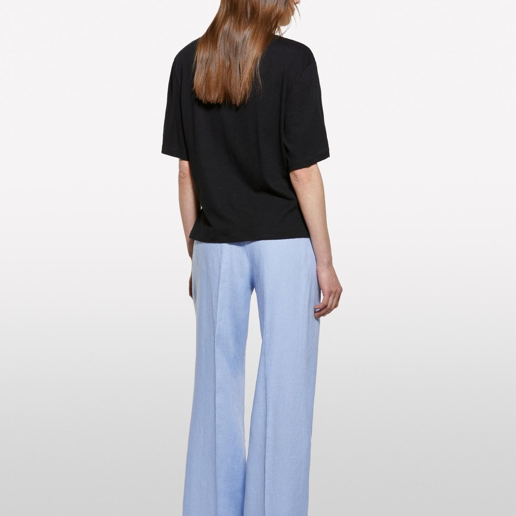 Kadın Siyah Keten Karışımlı Bisiklet Yaka T-Shirt