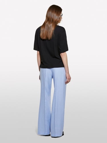  Kadın Siyah Keten Karışımlı Bisiklet Yaka T-Shirt